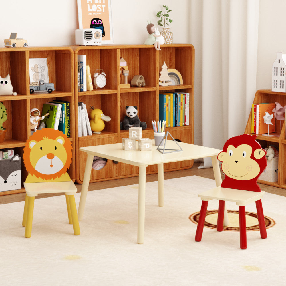 ya 28 Wooden Toddler Activity Table Lion & Monkey Kids Table & 2 Chairs Set 3-Piece
