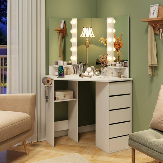 ya 28 Corner Vanity Desk with 3-Color LED Lighted Mirror and Power Outlet