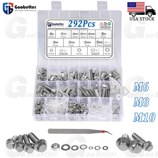 292pcs Metric Screws Assortment kit,  Hex Head Cap, Bolts Nuts Washers M6 M8 M10