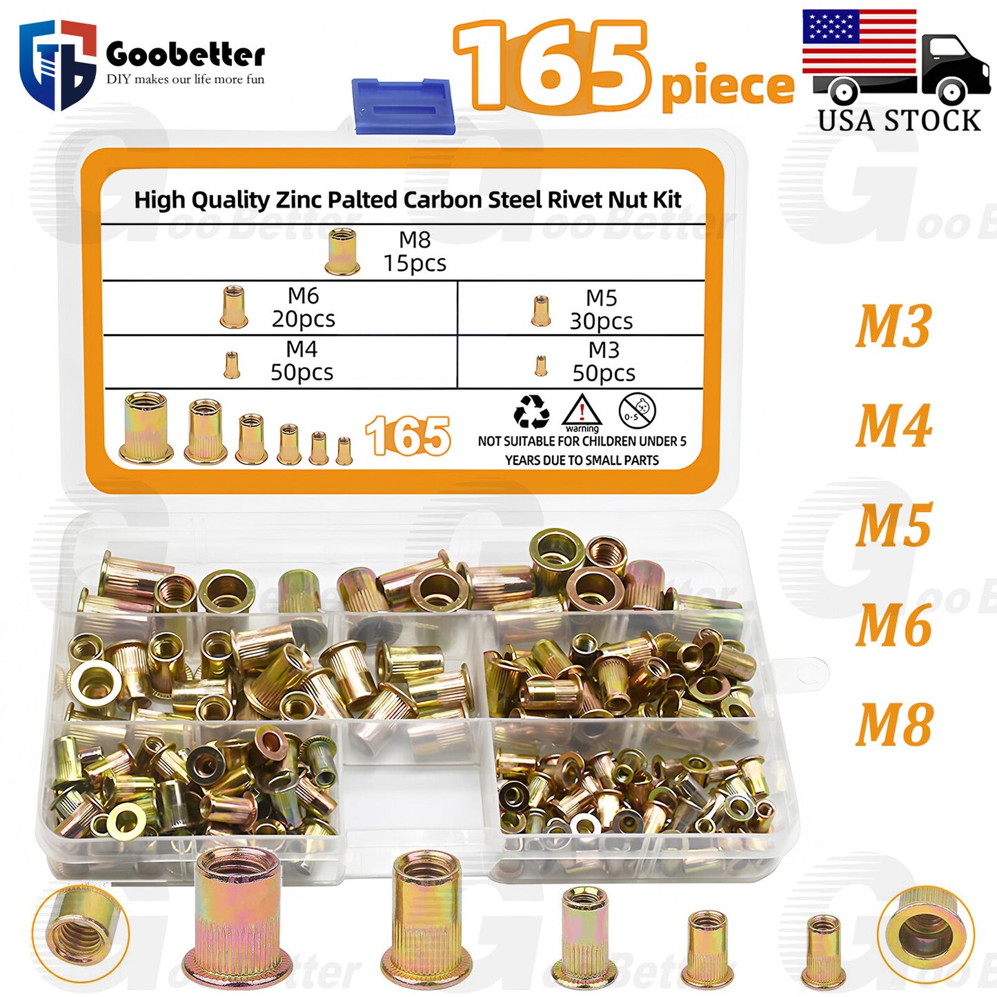 165Pcs Assorted Rivet Nut Set Rivnuts Knurled Steel Head Nutserts M3 M4 M5 M6 M8