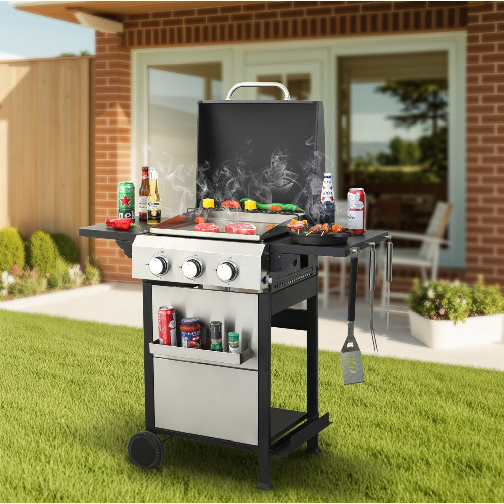 ya 28 3-Burner Silver Propane Gas BBQ Grill,36900BTU,Enamel Grids,Foldable Side Table