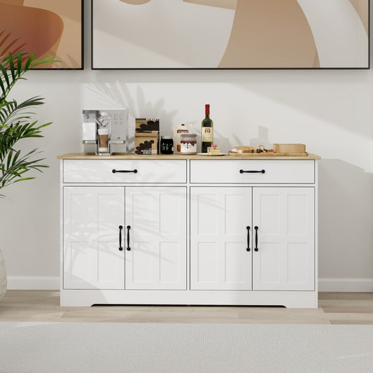 ya 28 55.91 White Buffet Cabinet - 2 Drawers, 4 Doors, Storage Sideboard for Dining