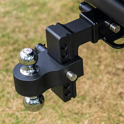 ya 5 8.7 Red adjustable trailer hitch with double ball mount fits 2 inch receiver and 6 inch drop hitch