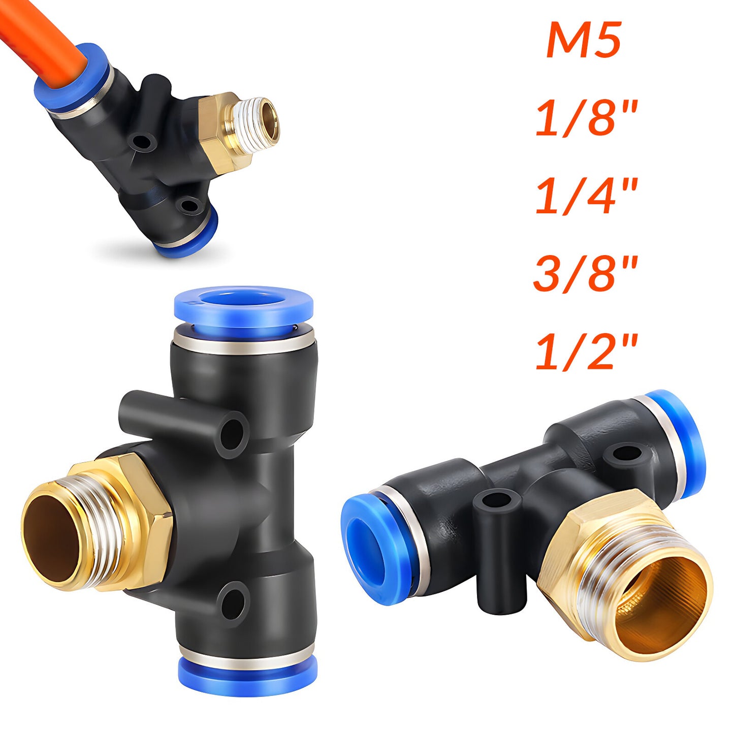 Pneumatic Tee T piece male Stud to hose tube inline push fit connector air line