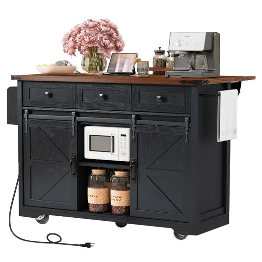 ya 28 53.7 Farmhouse Kitchen Island Black,2 Sliding Barn Doors, Drop Leaf, Spice Rack