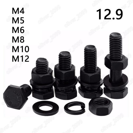 Black Steel Hex Bolts Cap Head Screws With Hex Nut Flat Spring Washers M4 M5-M12