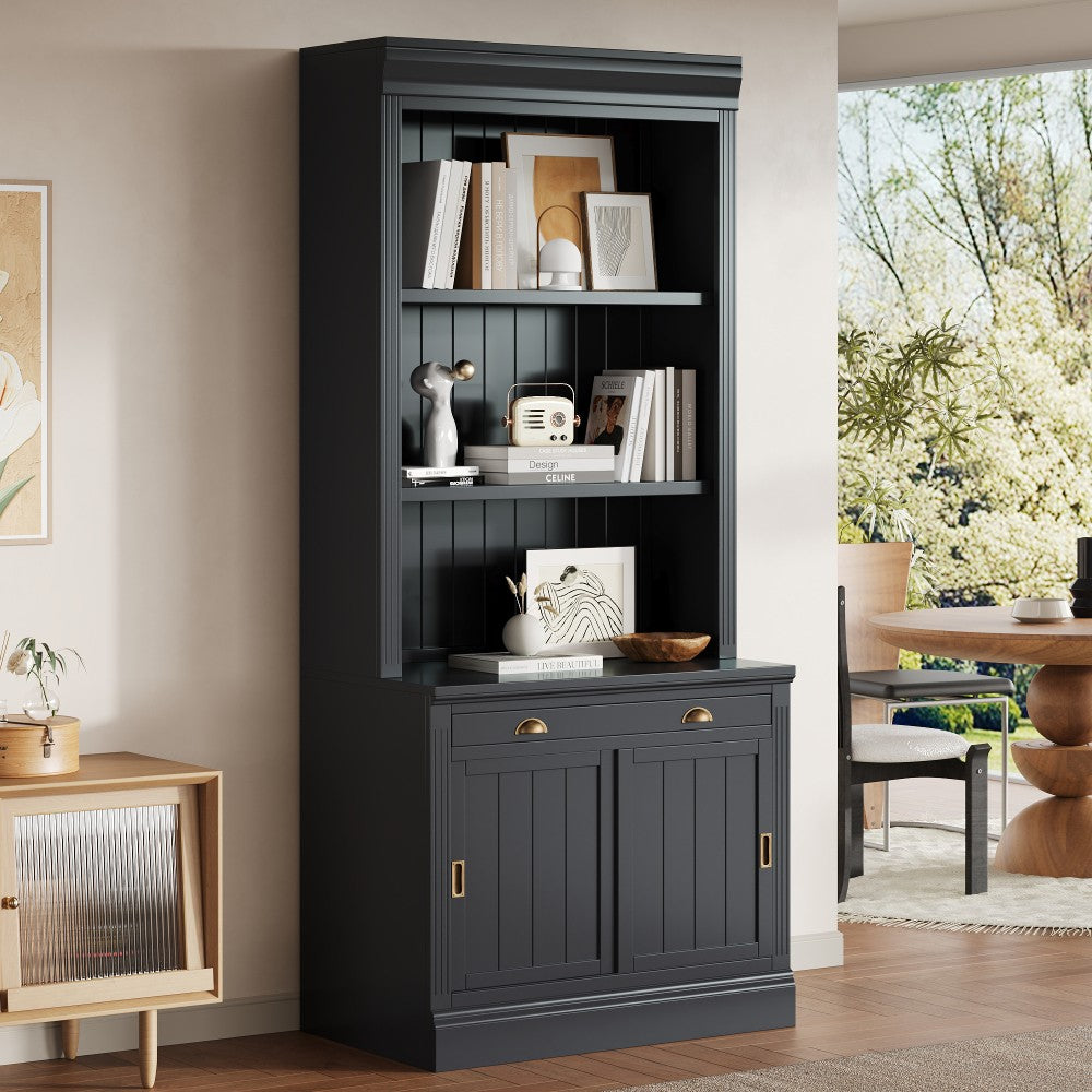 ya 28 83.4Tall Black Storage Bookshelf Modern - Sliding Doors, Open Shelves