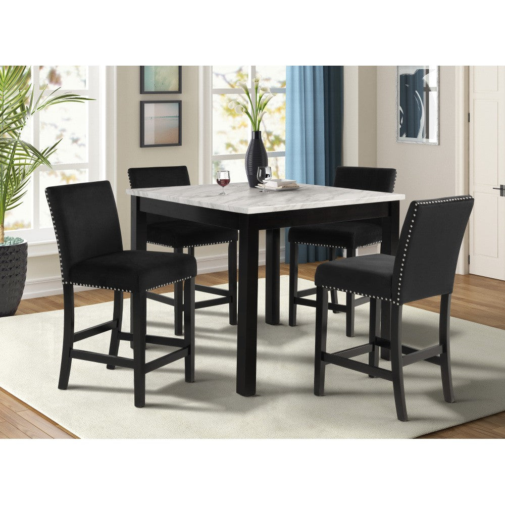 ya 28 White Faux Marble Square Table&Black Velvet Chairs 5pc Counter Height Dining Set