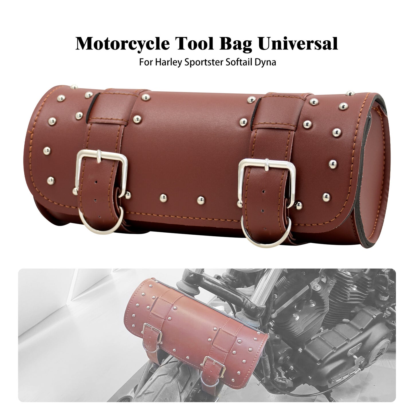 ya 11 6.5 Motorcycle Brown Handlebar Sissy Bar Bag Saddlebag Fork Roll Barrel Bag w/ Nails