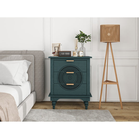 ya 28 Hollow-Carved Green 3-Drawer Dresser,Storage Chest w/Metal Handles for Bedroom