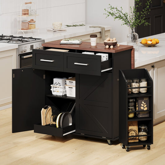 ya 28 Black 47.2 Kitchen Island - Drop Leaf, Removable Side Racks, 2 Drawers, Rolling