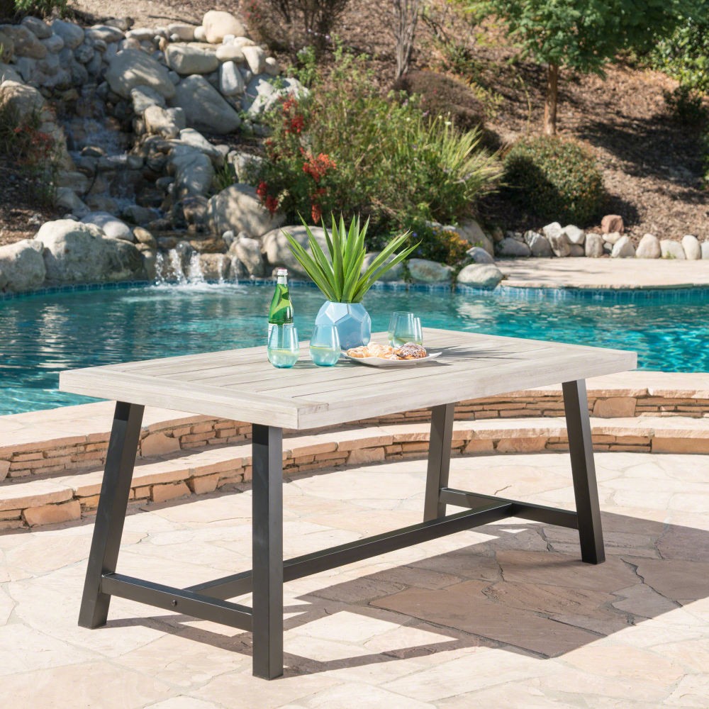 ya 28 Light Grey Outdoor Sandblast Acacia Wood Dining Table - Rustic Black Metal Frame