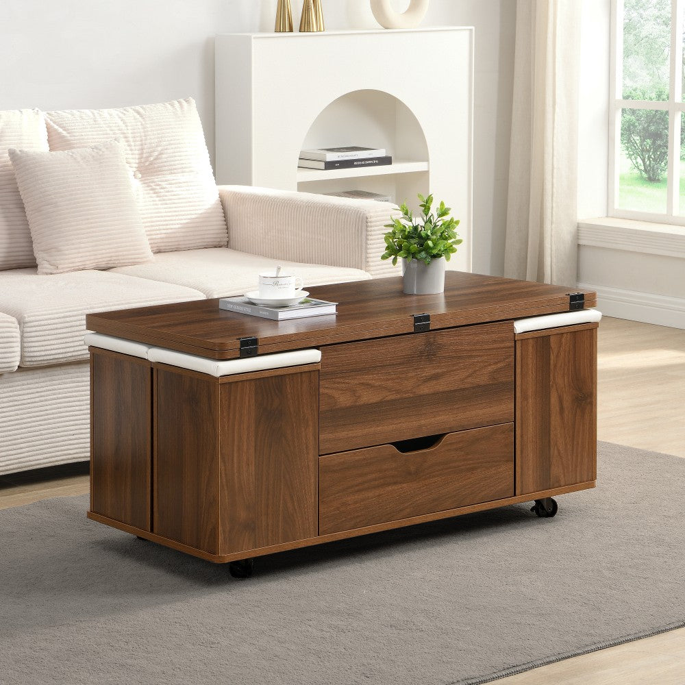ya 28 Multi-Functional Lift-Top Walnut Coffee Table - Hidden Storage, 4 Stools,Casters