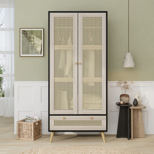 ya 28 For Bedroom Black 70.8 Tall Armoire Wardrobe,2 Rattan Doors, Hanging Rod