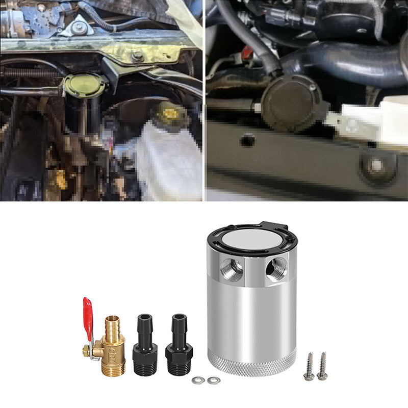 ya 27 7.2 Universal Oil Catch Can Baffled 2Port Oil Catch Tank Reservoir Drain Valve Silve