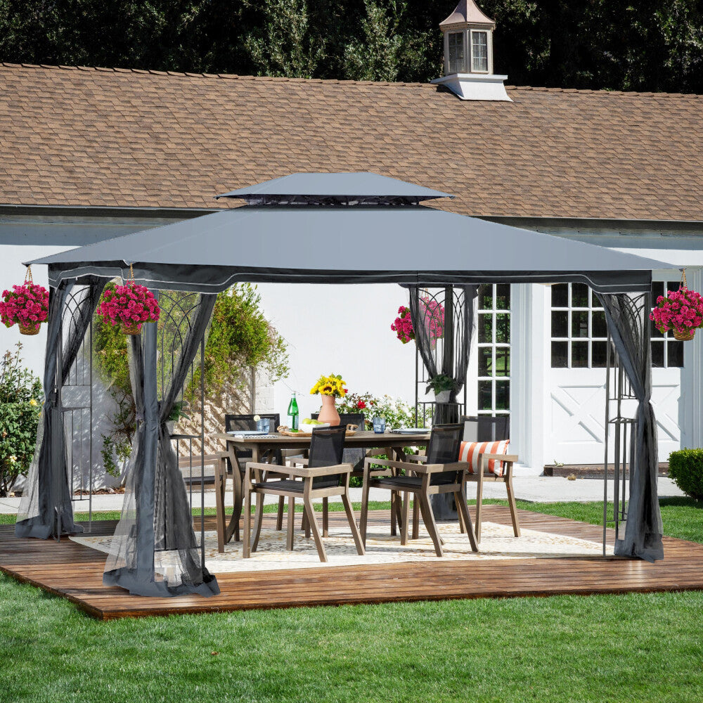ya 28 Gray,13x10 Outdoor Patio Gazebo w/Ventilated Double Roof & Detach. Mesh Screens