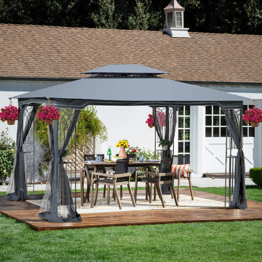 ya 28 Gray,13x10 Outdoor Patio Gazebo w/Ventilated Double Roof & Detach. Mesh Screens