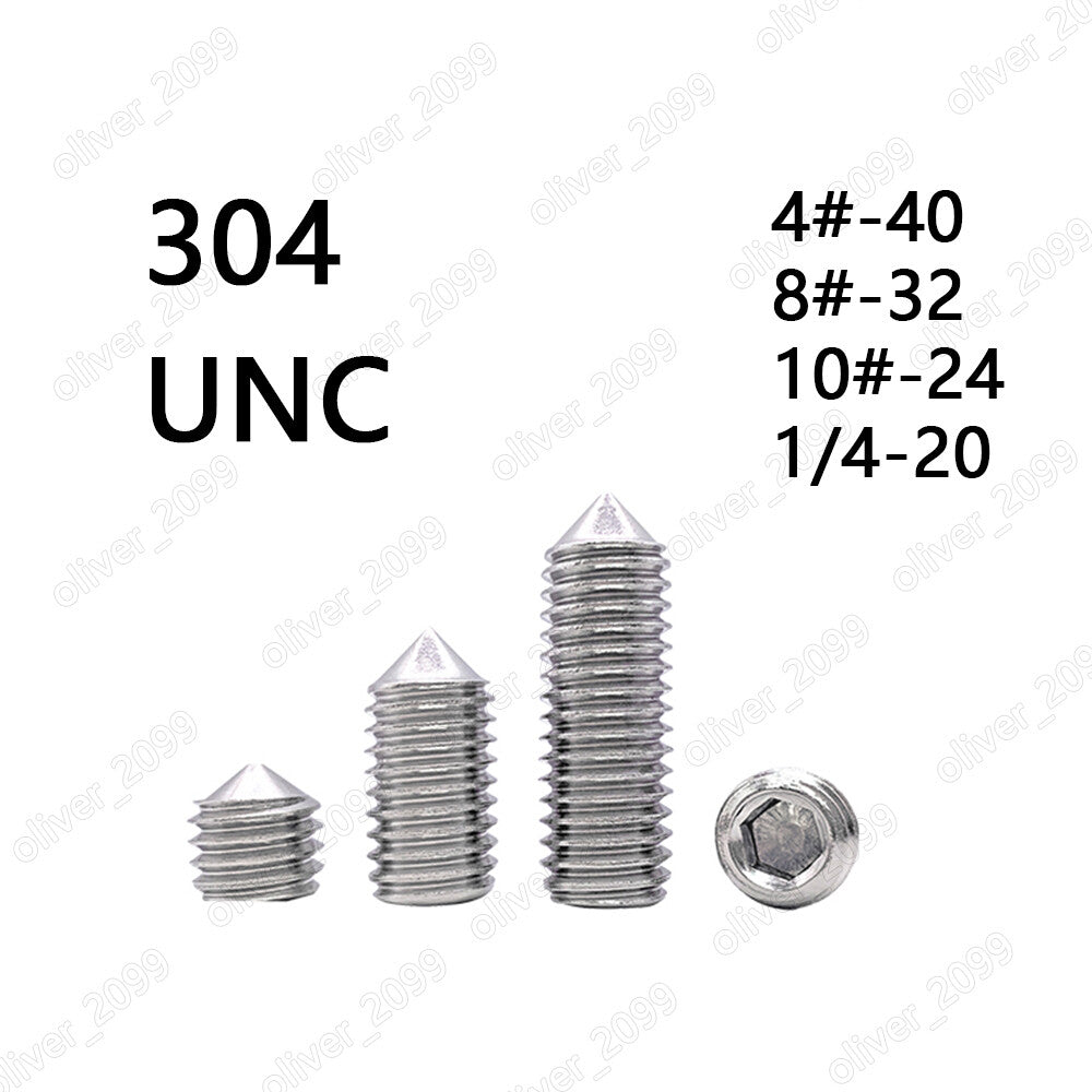 304 Stainless Steel Hex Socket Set Screw Cone Point Grub Screws 4# 8# 10# 1/4