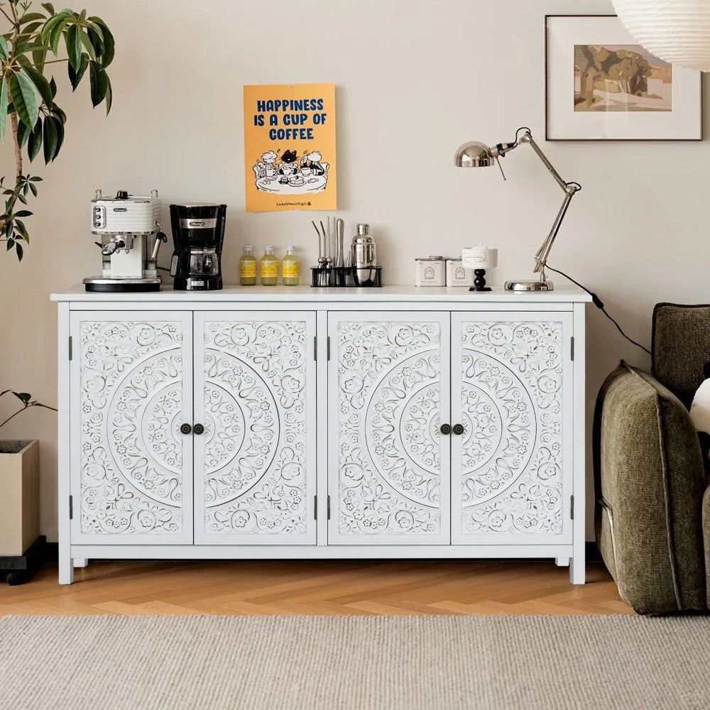 ya 28 60 Rustic Wood Accent Cabinet - 4 Doors, Versatile Buffet/Pantry, Storage White