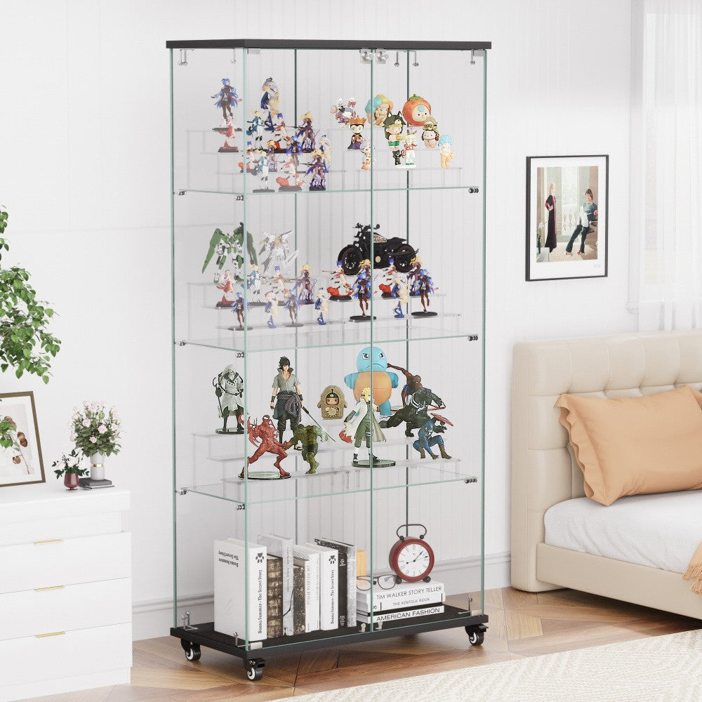 ya 28 4-Tier Glass Display Cabinet w/2 Locks, 6 Acrylic Shelves, for Living Room Black