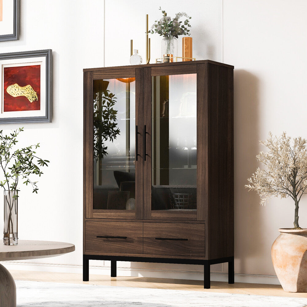 ya 28 60'' Tall Display Cabinet Modern w/ Tempered Glass Door, LED Light, 2 Drawers
