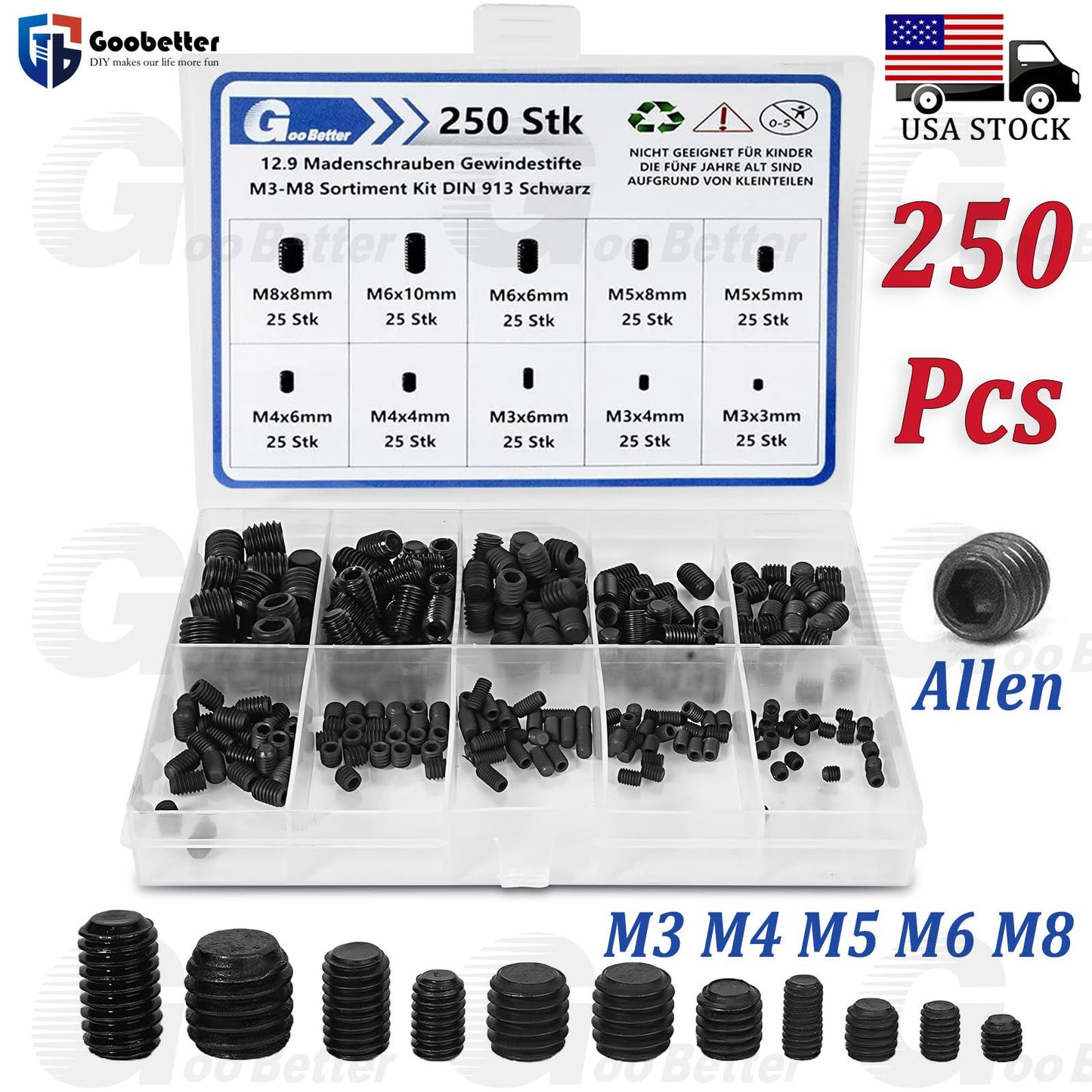 M3 M4 M5 M6 M8 Carbon Steel Grub Screws Allen Socket Set Screws Cup Point Set