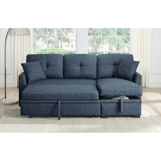 ya 28 76.5 Linen Blend Sectional Sofa Blue w/Pull-Out Bed and Chaise Storage