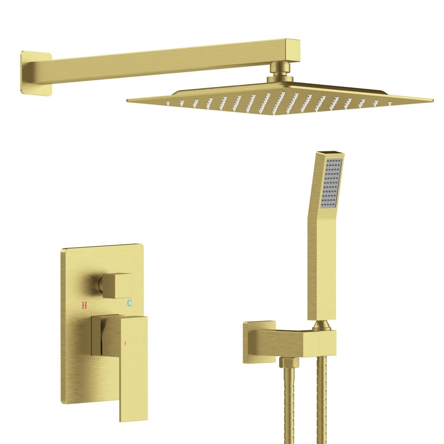 ya 28 10 Brushed Gold Rainfall Shower System Wall Mount w/ Handheld & Brass Valve