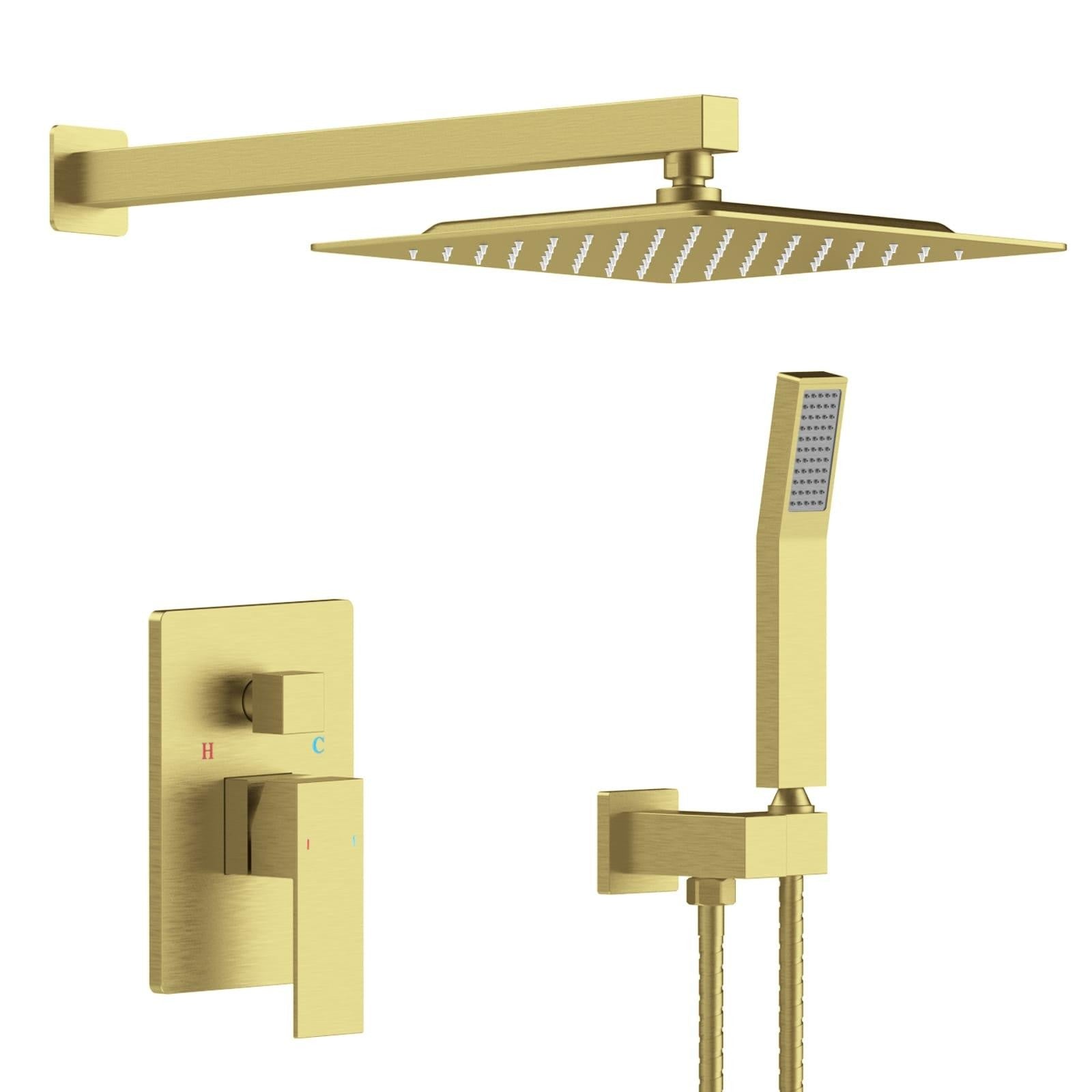 ya 28 10 Brushed Gold Rainfall Shower System Wall Mount w/ Handheld & Brass Valve