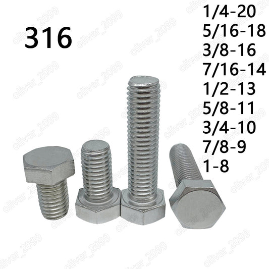 316 Stainless Steel Hexagon Bolt Hex Head Cap Screws 1/4 5/16 3/8 7/16 1/2 5/8
