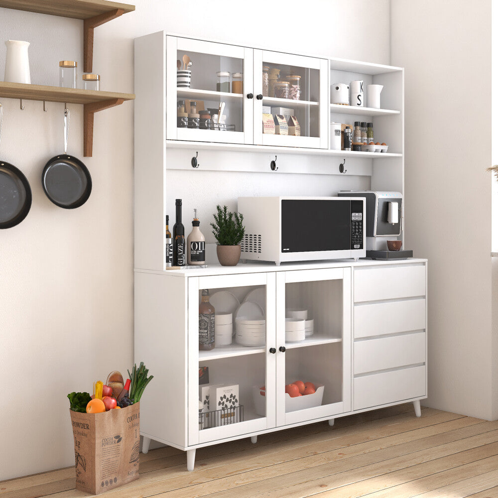 ya 28 White 63 w/4 Doors, 4 Drawers & Microwave Shelf Freestanding Kitchen Cabinets