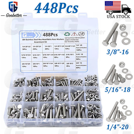 488X UNC Hex Head Cap Bolt Screw Washer Nut Assorted Kit Stainless Steel DIN 933