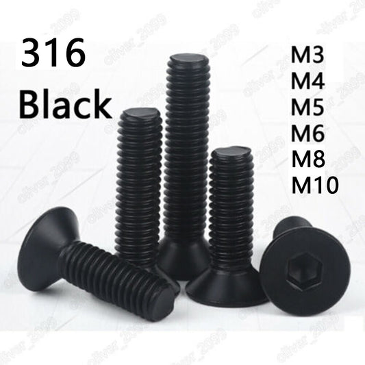 Black 316 Stainless Steel Hex Socket Bolts Countersunk Head Screw M3 M4 M5 M6 M8