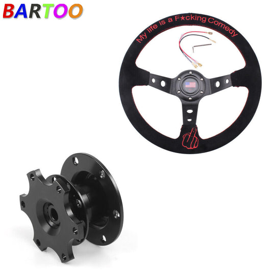 ya 8 5.27 345mm Deep Dish Racing Suede Steering Wheel Middle Finger w/ Quick Release Kit