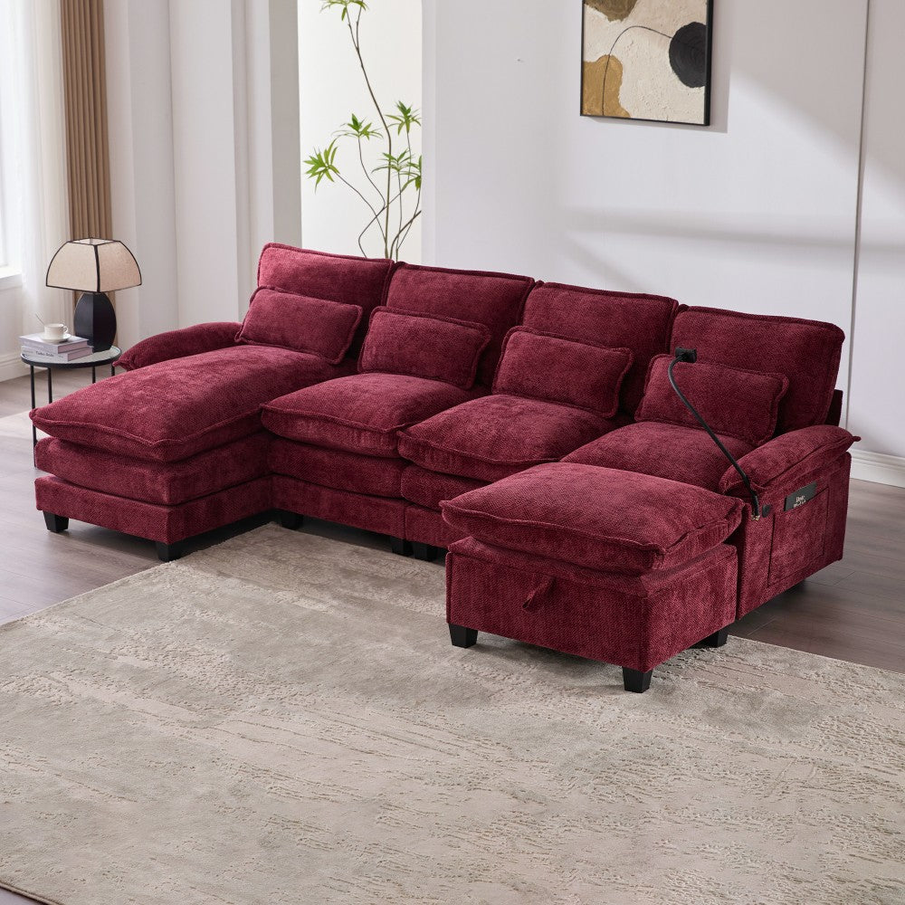 ya 28 106 U RED Shape Sectional sofa,Chenille Cloud Couch w/Chaise+Ottoman+Pillows