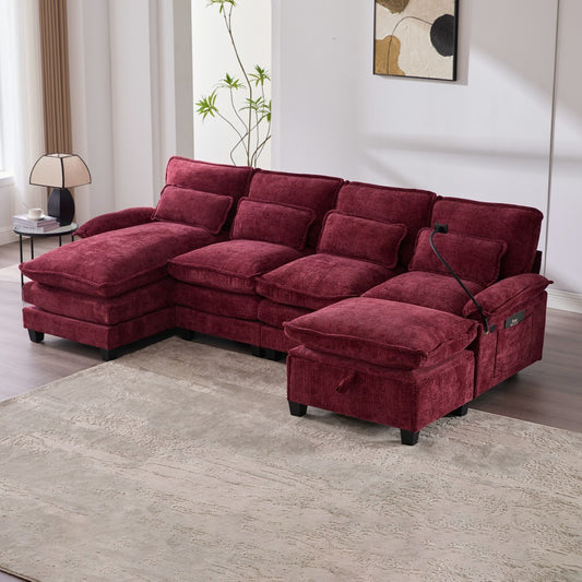 ya 28 106 U RED Shape Sectional sofa,Chenille Cloud Couch w/Chaise+Ottoman+Pillows