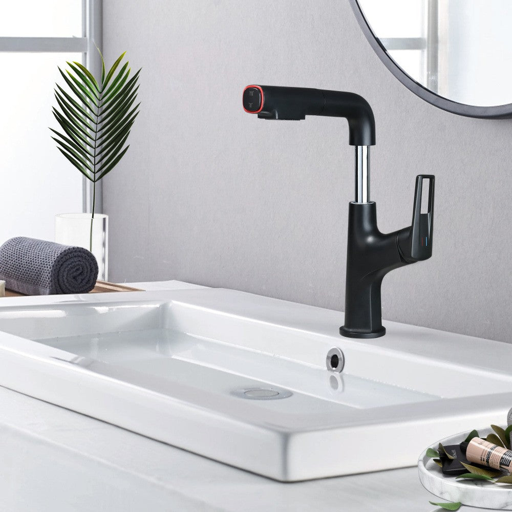 ya 28 Pull-Down Vessel Faucet Matte Black - Lift Spout, Single Hole, Dual Spray Modes