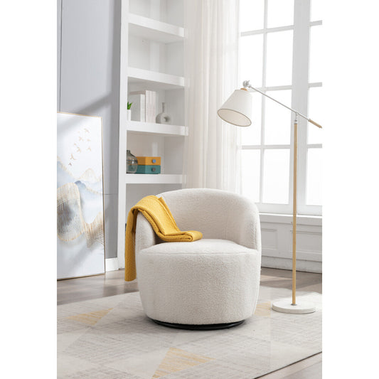 ya 28 Ivory White Teddy Fabric Swivel Barrel Armchair Black Metal Ring
