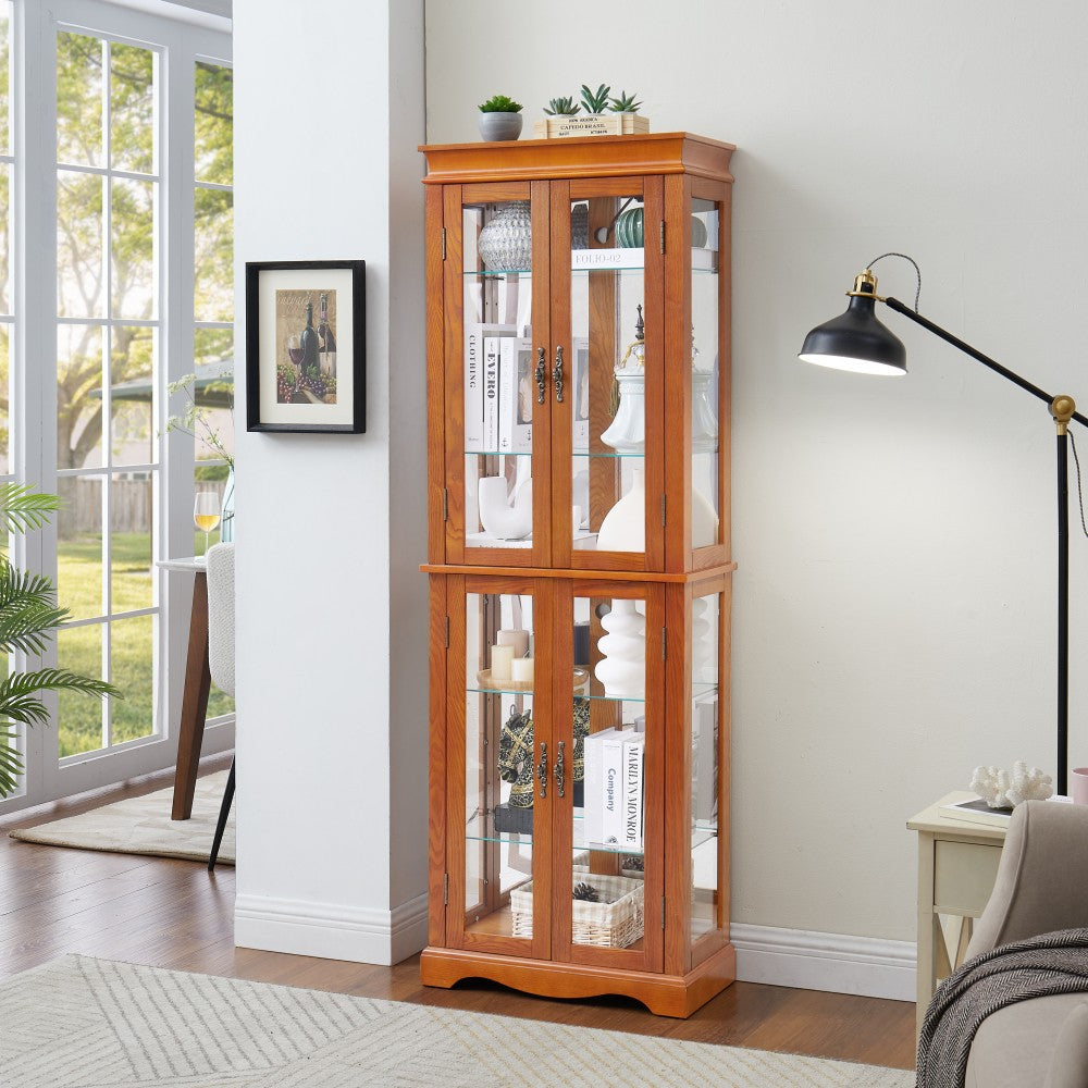 ya 28 Lighted Glass Curio Display Cabinet - Wood Frame, Bulb Included, Oak