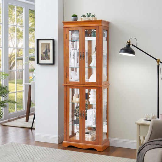 ya 28 Lighted Glass Curio Display Cabinet - Wood Frame, Bulb Included, Oak