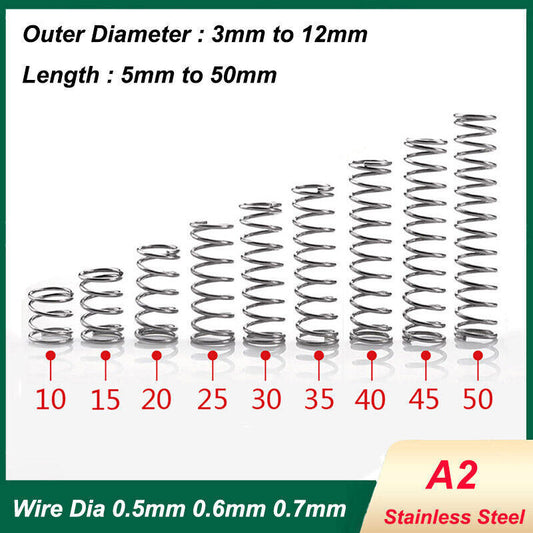 10 Pcs Compression Springs Wire Dia 0.5/0.6/0.7mm OD 3mm-12mm A2 Stainless Steel