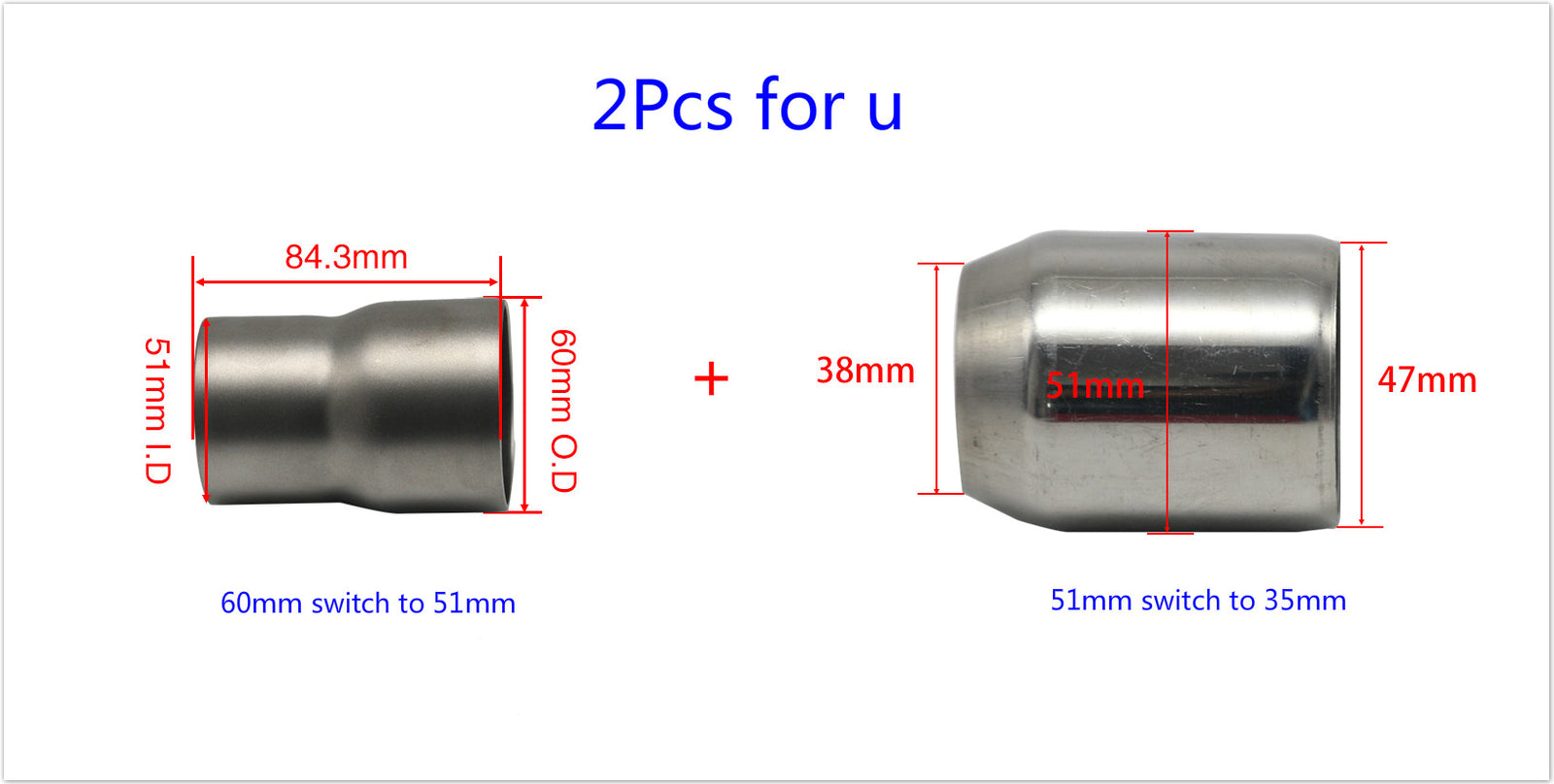 ya 5 8.7 2PCS Pipe Adapter Stainless Steel 51mm to 38mm/60mm to 51mm