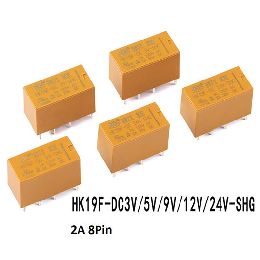 HUIKE Yellow Mini Power Relay HK19F DC 3V-24V, 2A, 8-Pin SHG Control Switch