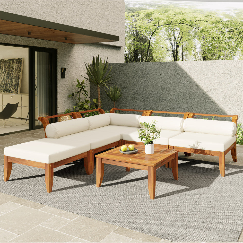 ya 28 Patio 6pc Sofa Set,Modular L-Shaped (Convertible Daybed),Tea Table+Ottoman,Beige