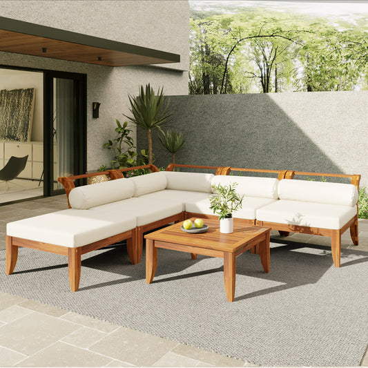 ya 28 Patio 6pc Sofa Set,Modular L-Shaped (Convertible Daybed),Tea Table+Ottoman,Beige