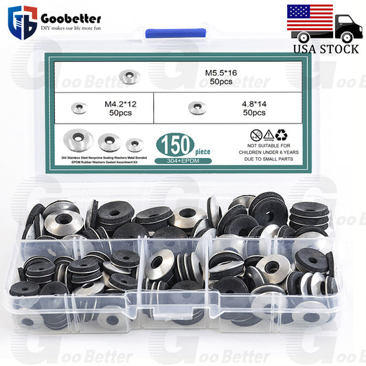 150Pcs 18-8 Stainless Steel Neoprene Bonded EPDM Sealing Washers Size #8 #10 #12