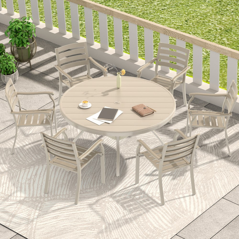 ya 28 7-Piece Dining Set - 52.95 Round Metal Table+6 Stackable Metal Chairs,Sandstone