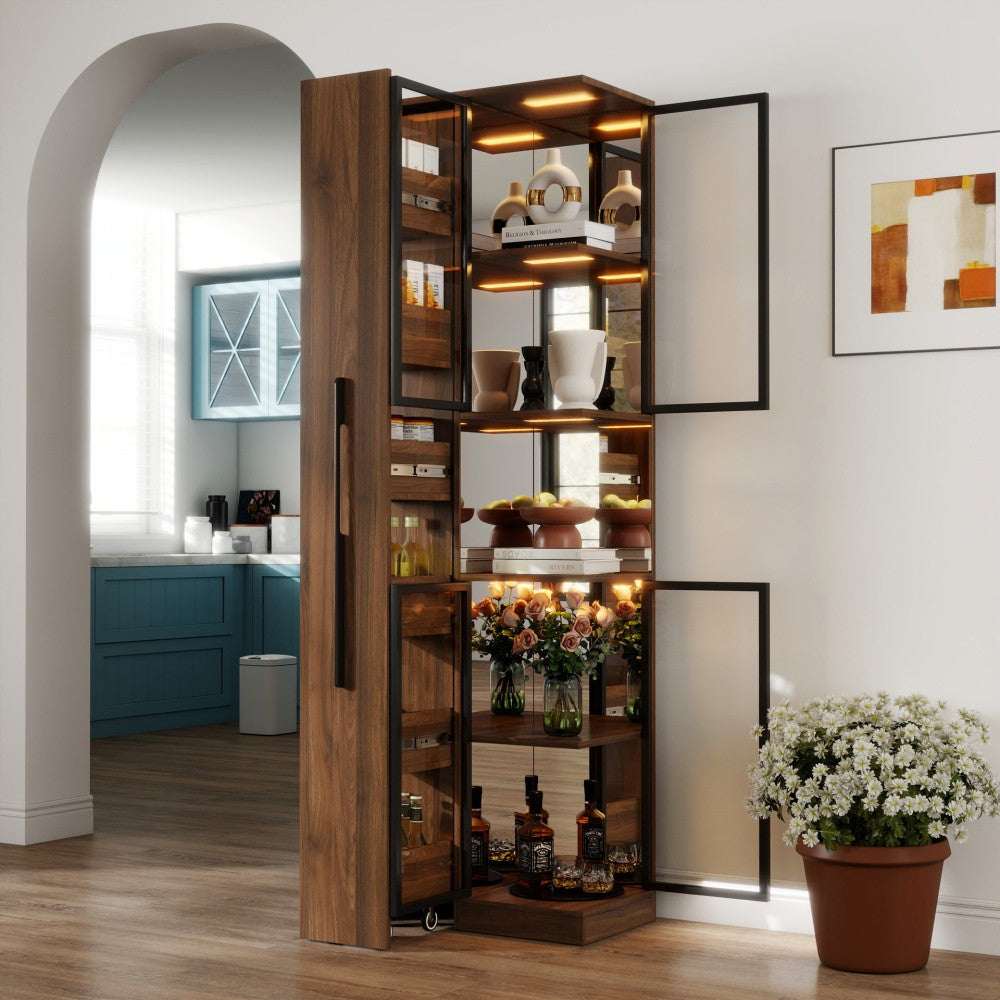 ya 28 70 Wooden Walnut Display Cabinet,w/Glass Doors, Lights,Multi-Tier Storage Shelf