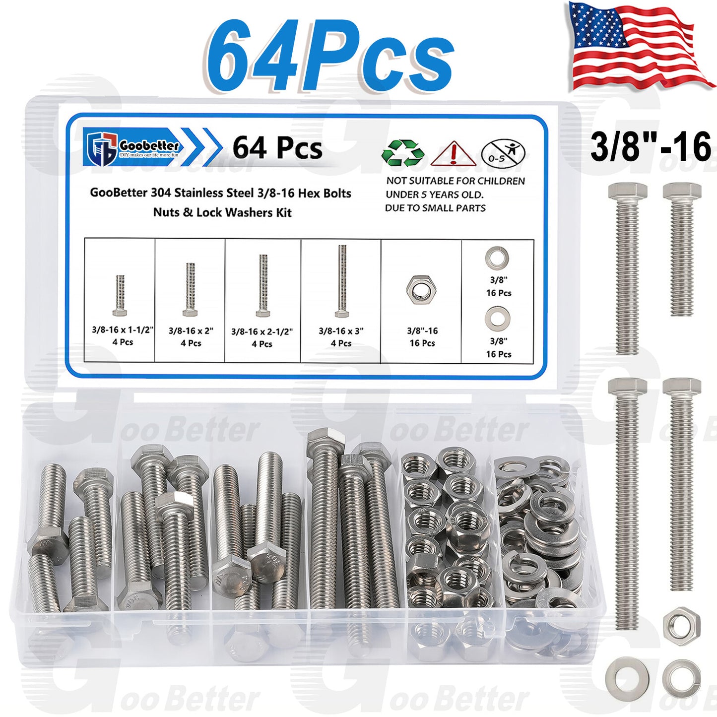 64Pcs 3/8 -16 Hex Head Bolts And Nut & Washer Assortment Kit 304 Stainless Steel