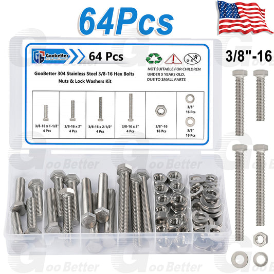 64Pcs 3/8 -16 Hex Head Bolts And Nut & Washer Assortment Kit 304 Stainless Steel